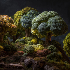 Broccoli shaped like trees forming a miniature landscape park, blending vegetable textures with whimsical nature design in a playful, surreal scene.