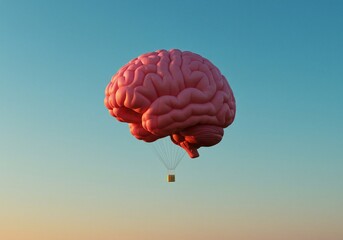 Pink Brain Hot Air Balloon Floating in the Sky