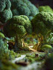 Broccoli shaped like trees forming a miniature landscape park, blending vegetable textures with whimsical nature design in a playful, surreal scene.