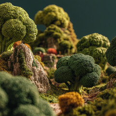 Broccoli shaped like trees forming a miniature landscape park, blending vegetable textures with whimsical nature design in a playful, surreal scene.