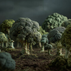 Broccoli shaped like trees forming a miniature landscape park, blending vegetable textures with whimsical nature design in a playful, surreal scene.
