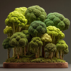 Broccoli shaped like trees forming a miniature landscape park, blending vegetable textures with whimsical nature design in a playful, surreal scene.
