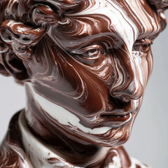 Chocolate sculpted like a fine marble statue, blending classical art aesthetics with rich, glossy textures in an elegant and surreal still-life composition.