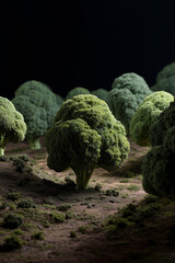 Broccoli shaped like trees forming a miniature landscape park, blending vegetable textures with whimsical nature design in a playful, surreal scene.