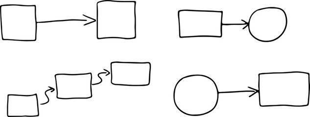 Fototapeta premium A collection of flow charts featuring circular and square blocks connected by arrows, hand drawn with black curved lines in grunge style