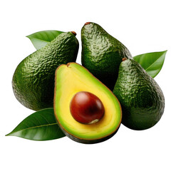  a group of avocados with leaves isolated on white and transparent backgroun