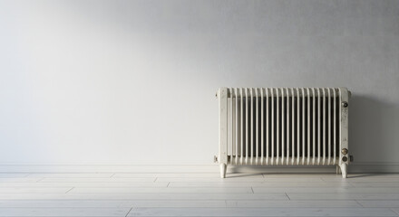 Radiator placed against plain wall in minimalist indoor space  