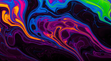 Vibrant fluid art featuring electric blues, oranges, and purples swirling together in mesmerizing patterns for modern design applications