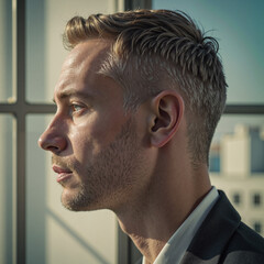 Side profile of man in suit gazing out window, urban contemplation