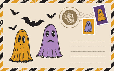 Halloween mail with a ghost, postcard, hand drawn illustration.	
