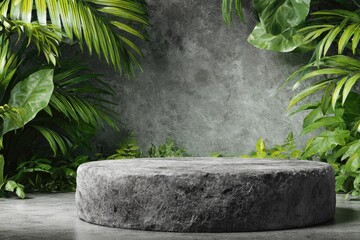 Gray stone pedestal surrounded by lush tropical plants against a textured gray wall