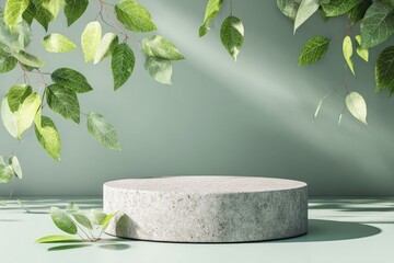 Light-drenched, minimalist display podium with vibrant greenery