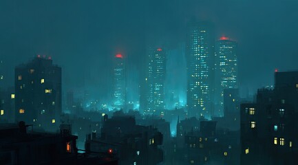 A misty, night cityscape of towering buildings.  Neon lights illuminate the structures, while a thick fog envelops the scene
