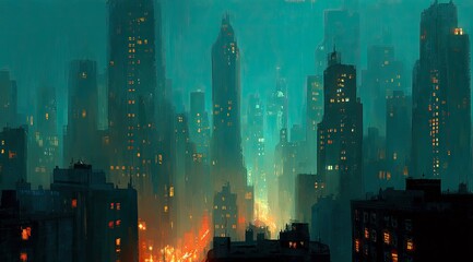 Night city skyline, hazy, illuminated buildings