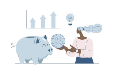 Woman with coin and piggy bank, Financial savings and investment growth, Flat vector illustration.