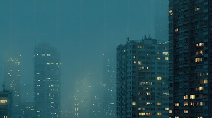 City skyline at night, misty, urban