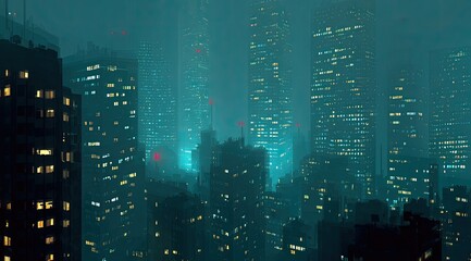 Misty cityscape at night.  Towering buildings, illuminated windows, and a hazy atmosphere