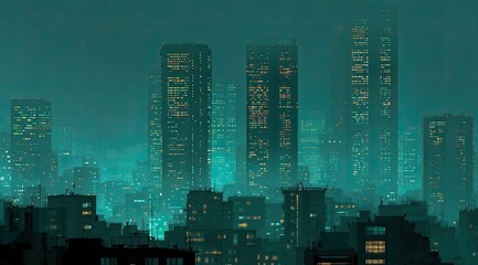 Night city skyline, misty teal hues