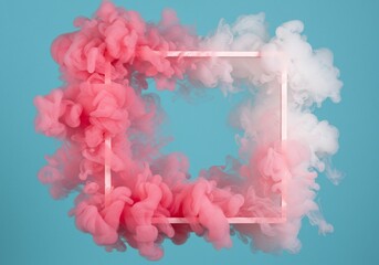 Pink and White Ink Cloud Inside Square Frame on Turquoise Background
