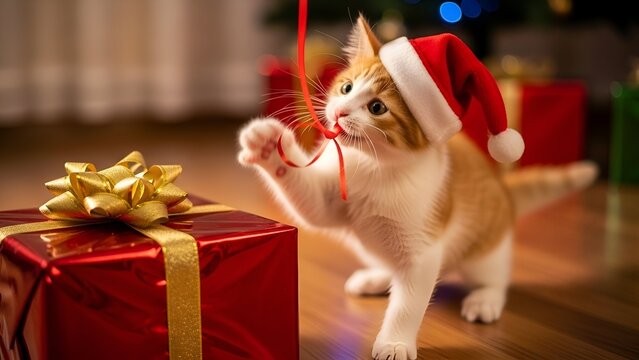 A playful kitten wearing a Santa hat reaches for a red string near a wrapped present, celebrating Christmas.