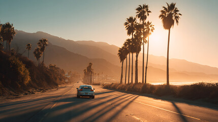 Scenic coastal road with palm trees and a car driving towards a sunset backdrop