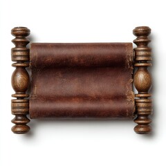 Top-down view of a brown leather scroll.  Wooden supports hold the scroll.  Scroll shows signs of age