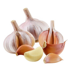  a group of garlic cloves and a slice of garlic isolated on white and transparent background.