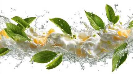 Fresh, white yogurt or mousse, citrus segments, and green leaves in water splashes