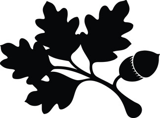 Oak Branch with Acorns Silhouette Vector, Minimalist Acorn Sprig Silhouette Vector, Acorn Branch Silhouette Vector Illustration.