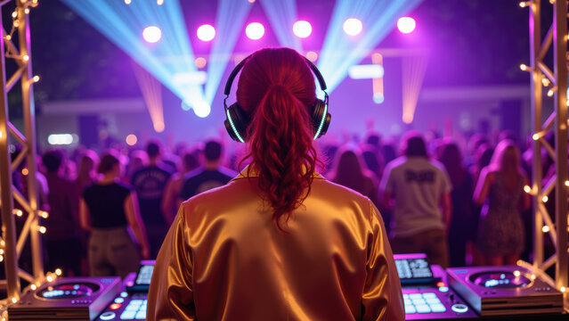 DJ performs at vibrant music festival, surrounded by enthusiastic crowd. Colorful lights illuminate scene, creating energetic atmosphere