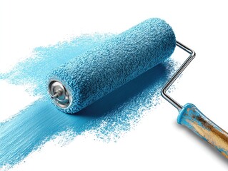 A paint roller, coated in vibrant blue paint, leaves a trail of color on a white background