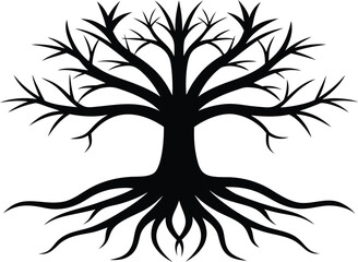 Tree with Roots Silhouette Vector Illustration. Black Silhouette of Tree with Visible Root System