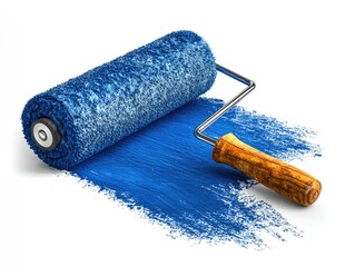 Blue paint roller leaving a trail of paint