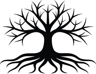 Obraz premium Tree with Roots Silhouette Vector Illustration. Black Silhouette of Tree with Visible Root System