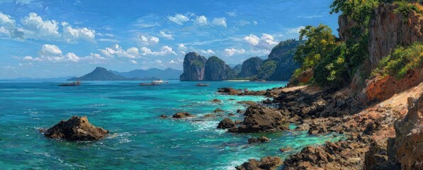 Tropical Seascape with Rocky Coastline