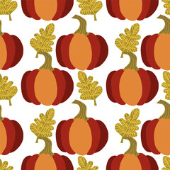 Vector hand drawn Halloween seamless pattern with fall leaves and pumpkins.