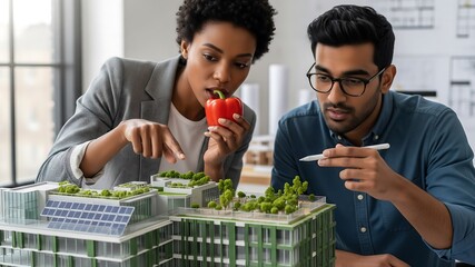 Sustainable Design Vision: Two architects, one holding a red pepper, examine a building model featuring solar panels and rooftop gardens, focused on eco-friendly solutions.