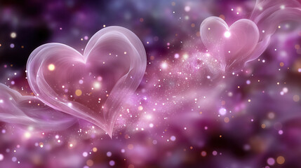 Ethereal hearts float in dreamy purple background, creating romantic and magical atmosphere filled with soft lights and sparkles