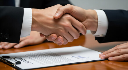 Successful business handshake signifies deal and partnership agreement. Two professional partners finalize contract during formal meeting, showing trust and success