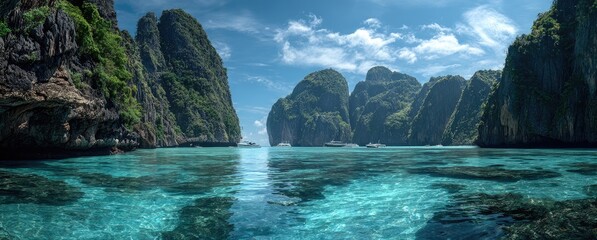 Turquoise waters lap against dramatic limestone cliffs