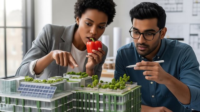 Sustainable Design Vision: Two architects, one holding a red pepper, examine a building model featuring solar panels and rooftop gardens, focused on eco-friendly solutions.