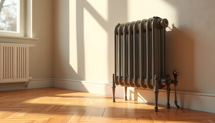 Vintage radiator casting shadows in a warm, sunlit room  