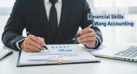 Professional businessman focused on finance and accounting analysis, carefully reviewing business report. Man checks data on document with chart and graph at office desk