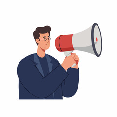 Fototapeta premium Flat Illustration Man Holding Megaphone Announcing Information for Promoting Announcement and Communication