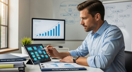 Focused businessman analyzing financial data on tablet and computer at his desk in modern office. Professional man looks at growth chart and dashboard showing success