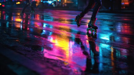 A Solitary Figures Stride Through a Kaleidoscope of Neon on a Wet City Street.