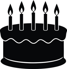 Birthday Cake with Candles Black Silhouette, Celebration Cake Outline with Flames - Black Vector Icon