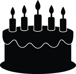 Birthday Cake with Candles Black Silhouette, Celebration Cake Outline with Flames - Black Vector Icon