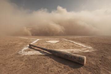 Abandoned Baseball Bat on Dusty Field Under Ominous Sky, Weathered Home Plate.
