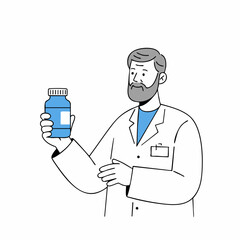 Line Art Bearded Pharmacist Holding Medicine Bottle Healthcare Professional Illustration